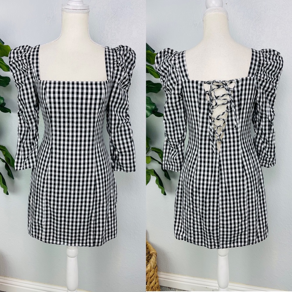 Lovers + Friends Black White Buffalo Plaid Puff Rouch Sleeve Lace up Mini Dress